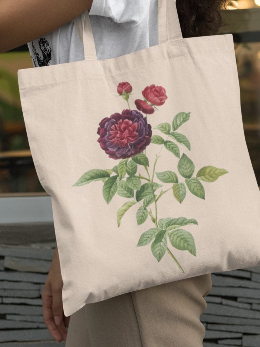Guerin's Rose Vintage Floral Print Graphic Canvas Tote Bag